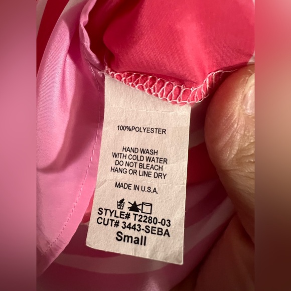 PEACH LOVE CALIFORNIA pink sheer 3/4 sleeve stripe curved high low blouse size S - Picture 9 of 10